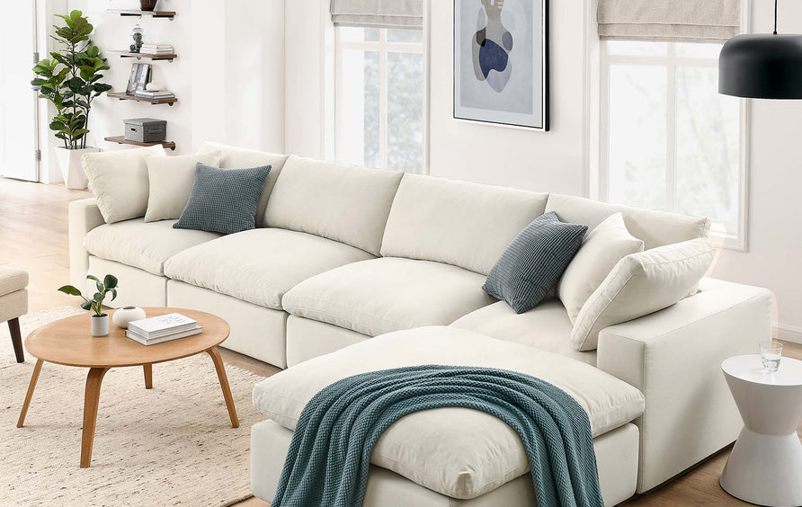 Linden 5 Piece Down Filled Overstuffed Sectional Sofa Set in Light Beige