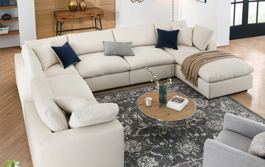 Linden 7-Piece Down Filled Overstuffed Sectional Sofa in Light Beige
