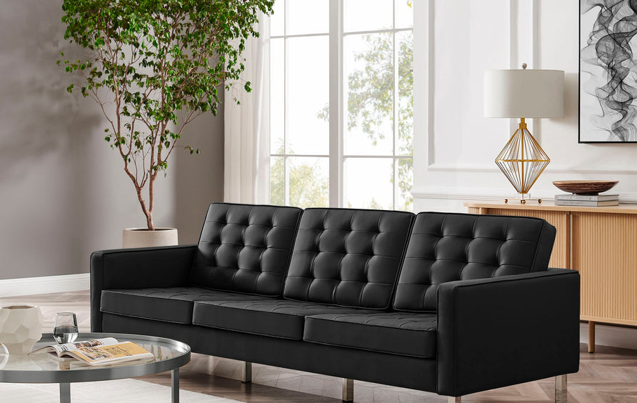 Mesa Tufted Vegan Leather Sofa in Silver Black