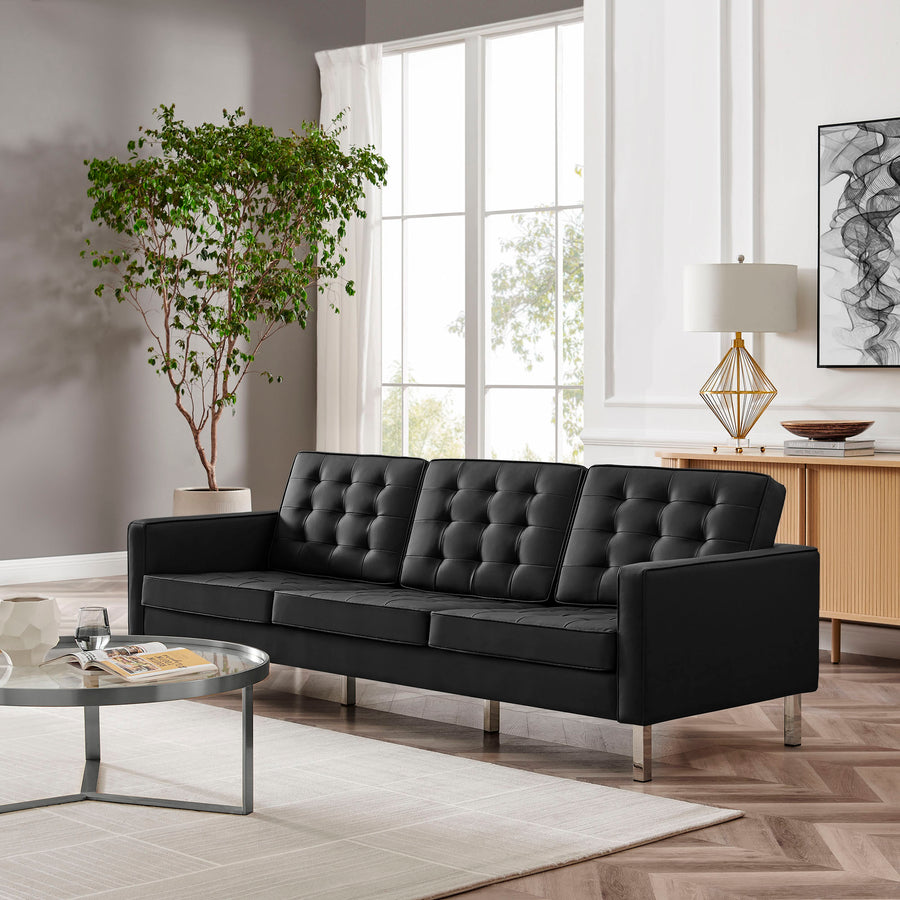 Mesa Tufted Vegan Leather Sofa in Silver Black