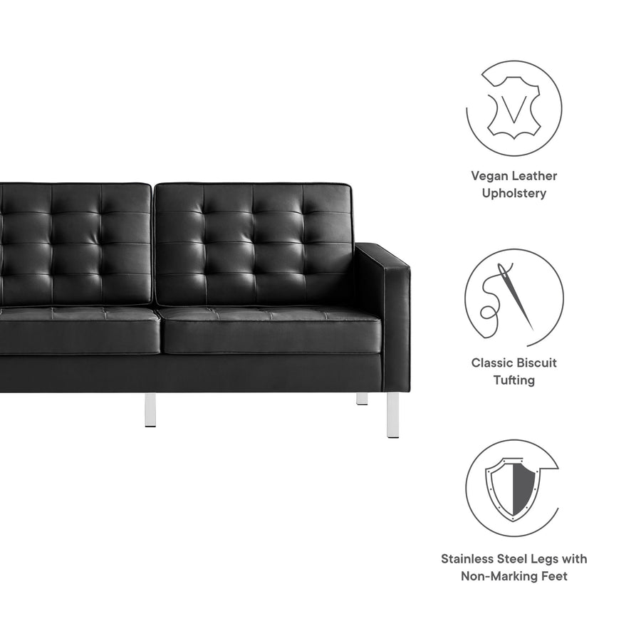 Mesa Tufted Vegan Leather Sofa in Silver Black