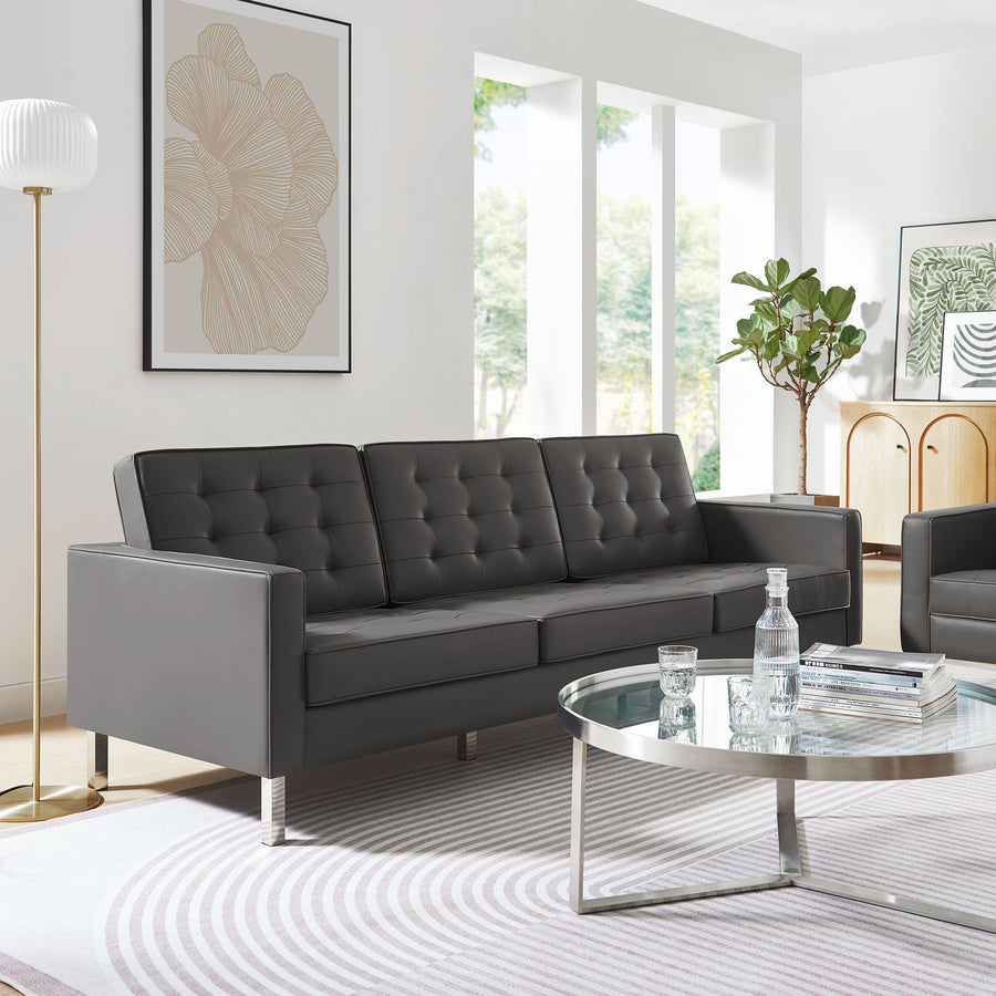 Mesa Tufted Vegan Leather Sofa in Silver Gray