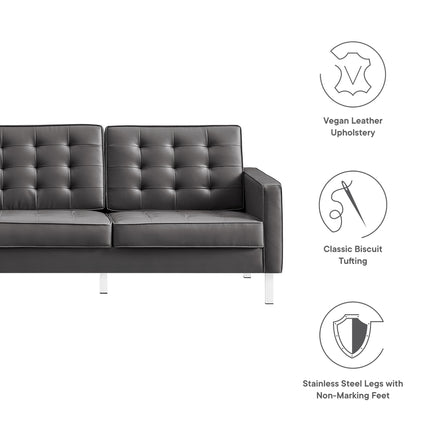 Loft Tufted Vegan Leather Sofa in Silver Gray