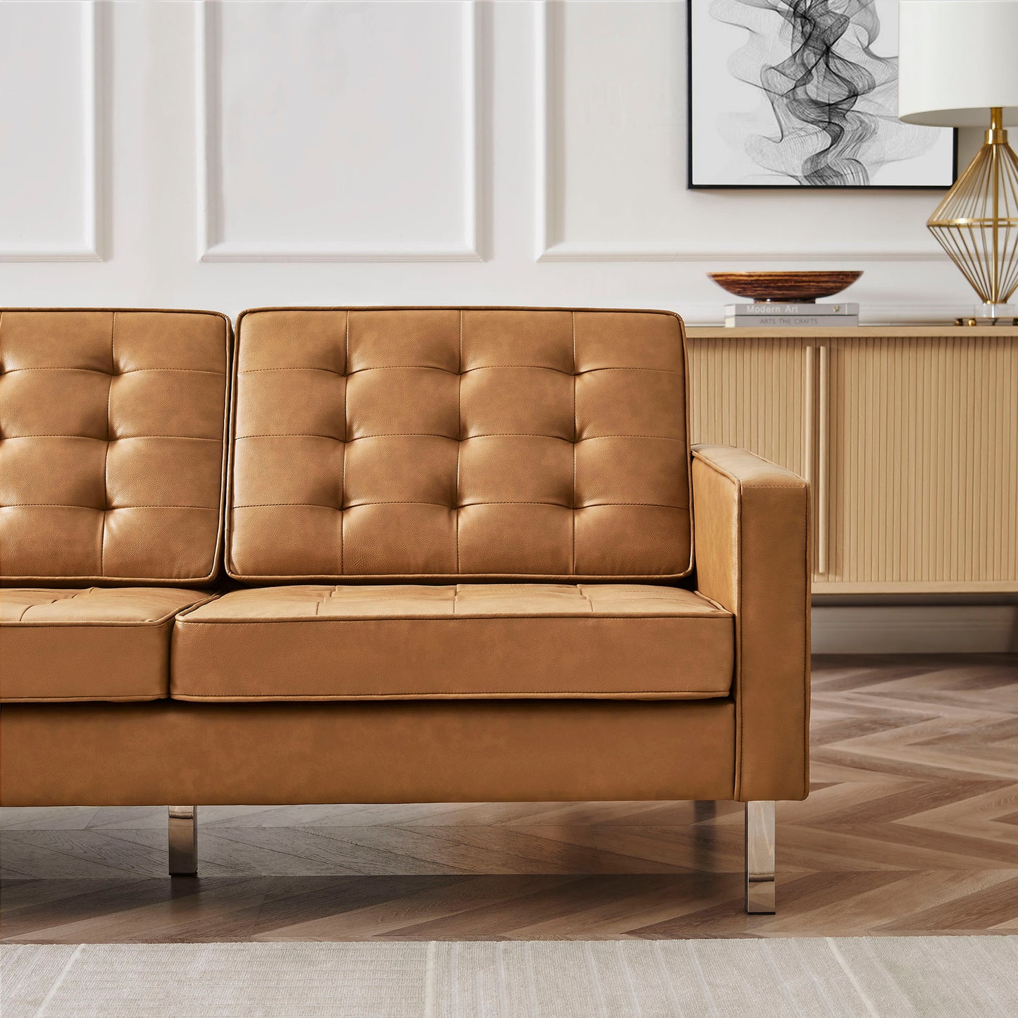 Mesa Tufted Vegan Leather Sofa in Silver Tan