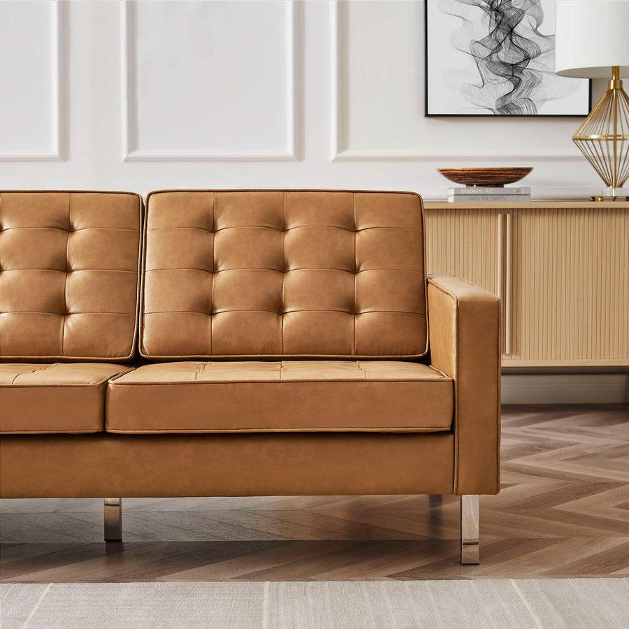 Mesa Tufted Vegan Leather Sofa in Silver Tan
