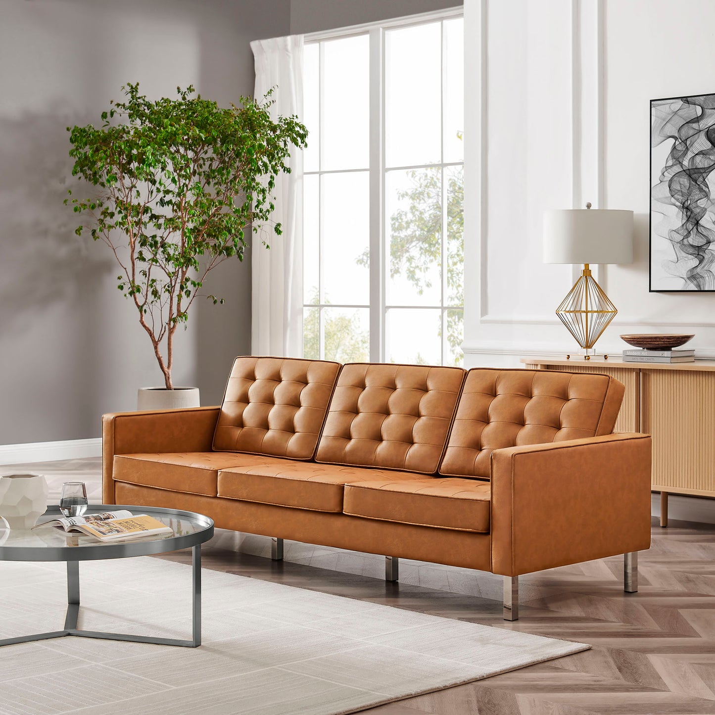Mesa Tufted Vegan Leather Sofa in Silver Tan