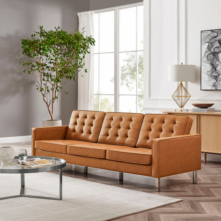 Loft Tufted Vegan Leather Sofa in Silver Tan