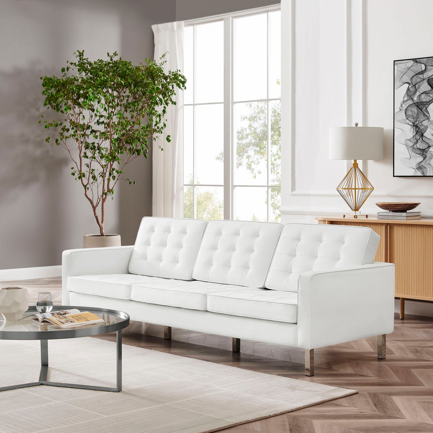 Mesa Tufted Vegan Leather Sofa in Silver White
