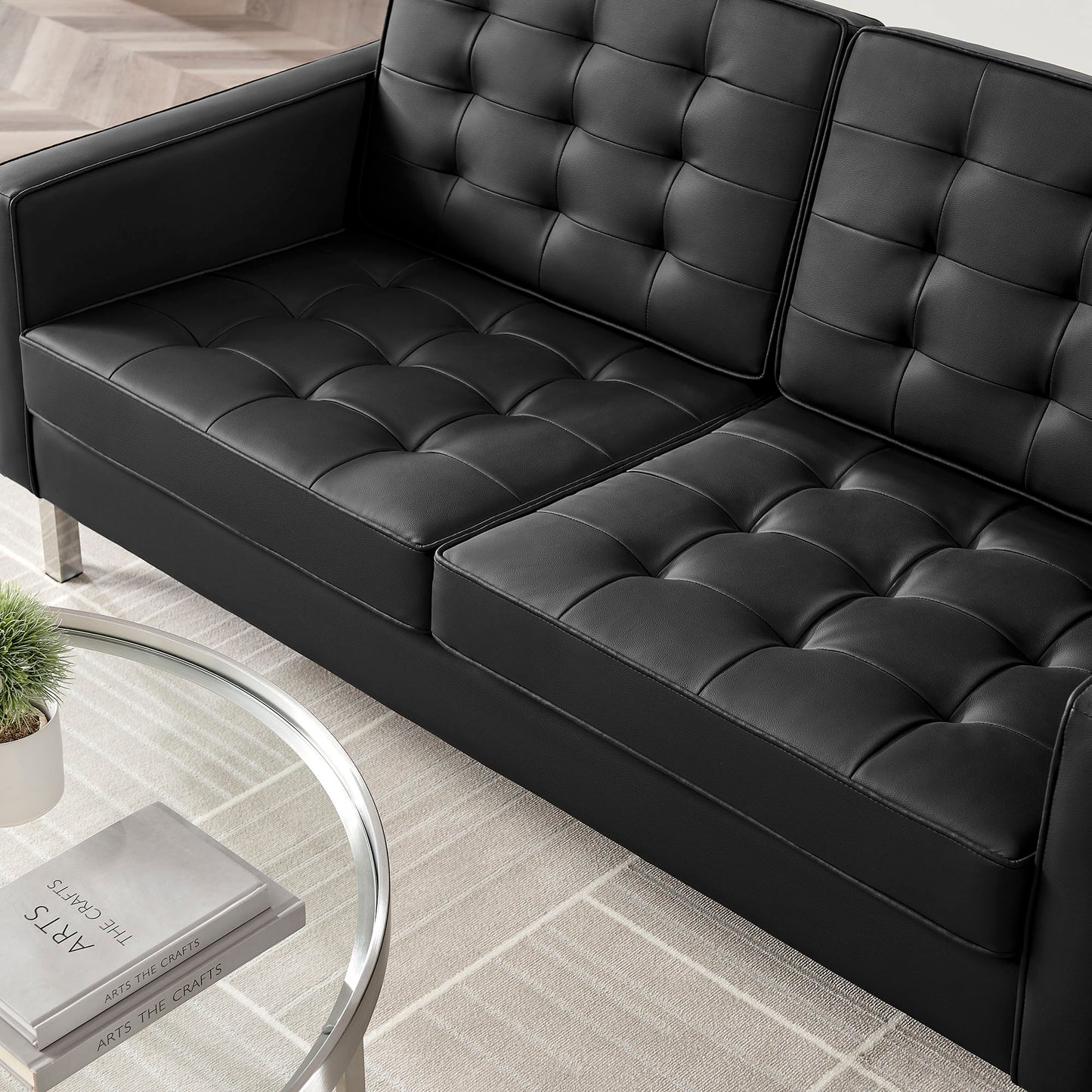 Mesa Tufted Vegan Leather Loveseat in Silver Black