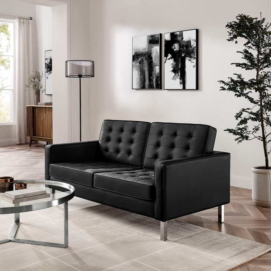 Mesa Tufted Vegan Leather Loveseat in Silver Black