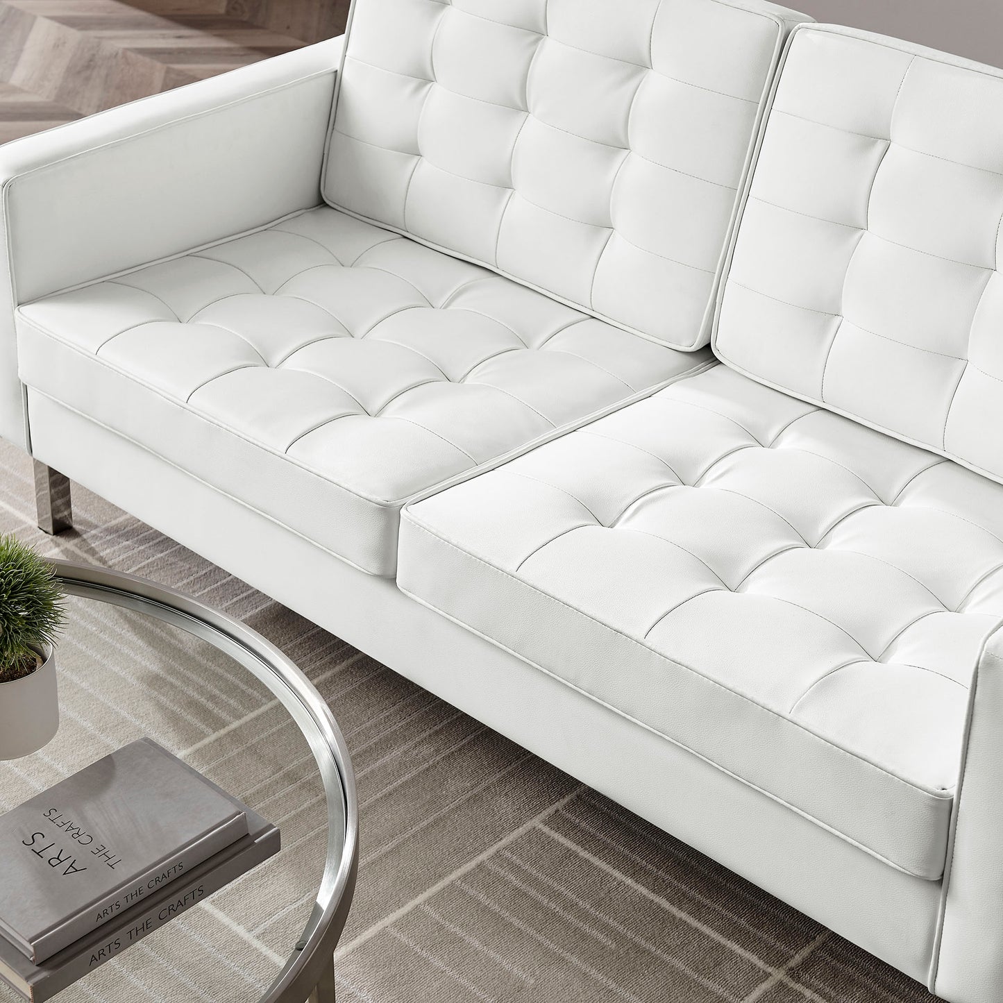 Mesa Tufted Vegan Leather Loveseat in Silver White