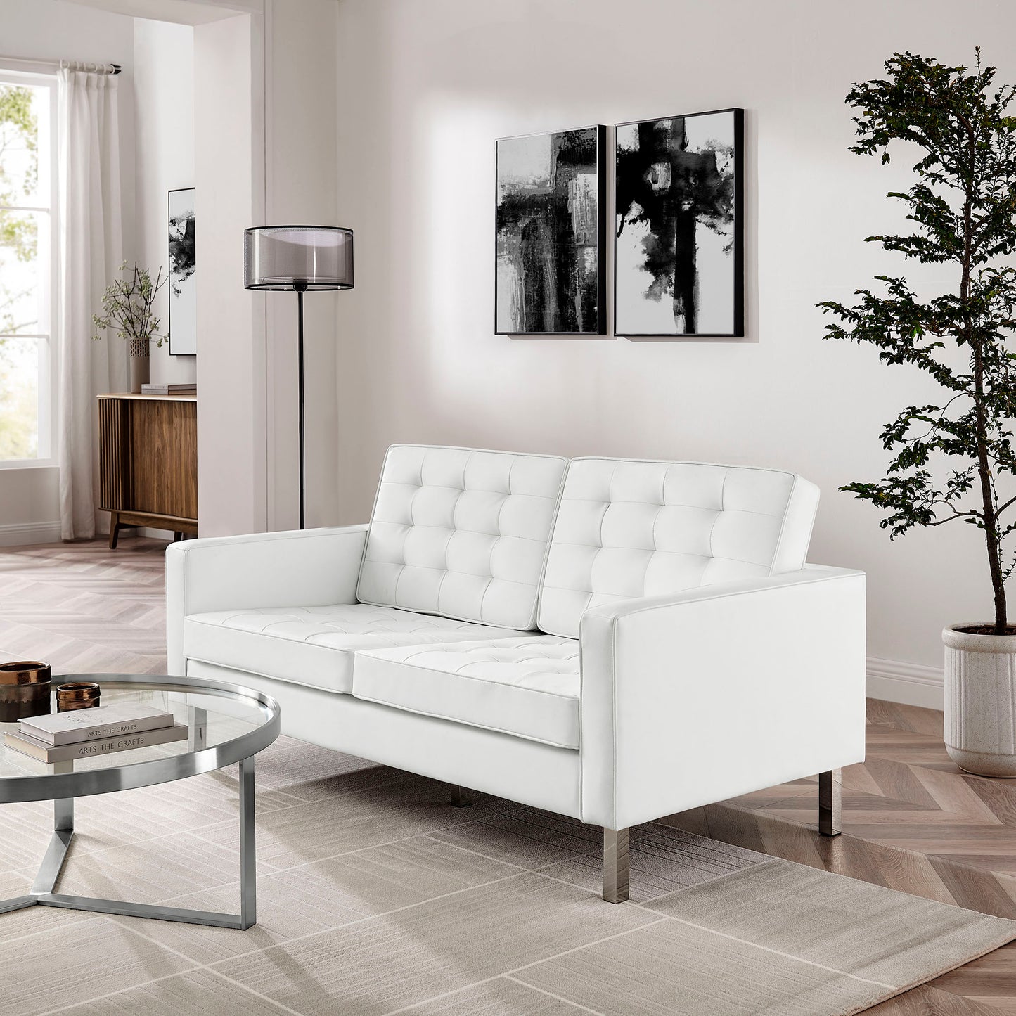 Mesa Tufted Vegan Leather Loveseat in Silver White