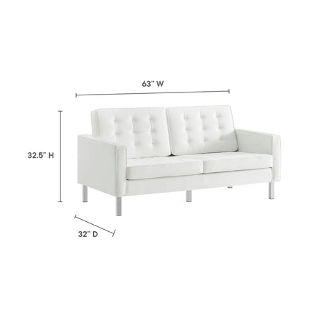 Loft Tufted Vegan Leather Loveseat in Silver White