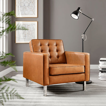 Loft Tufted Vegan Leather Armchair in Silver Tan