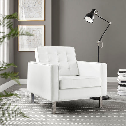 Loft Tufted Vegan Leather Armchair in Silver White