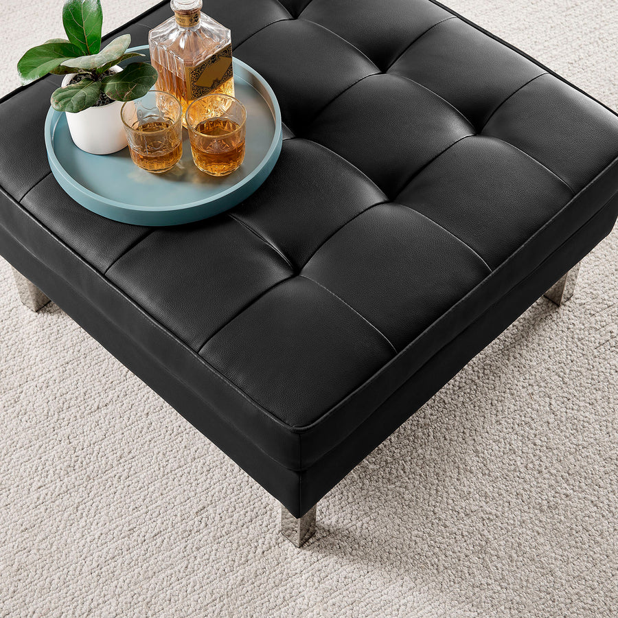 Mesa Tufted Vegan Leather Ottoman in Silver Black