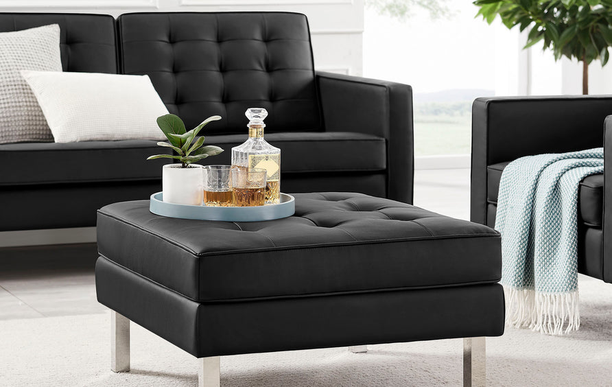Mesa Tufted Vegan Leather Ottoman in Silver Black