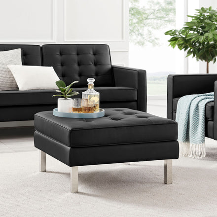 Loft Tufted Vegan Leather Ottoman in Silver Black