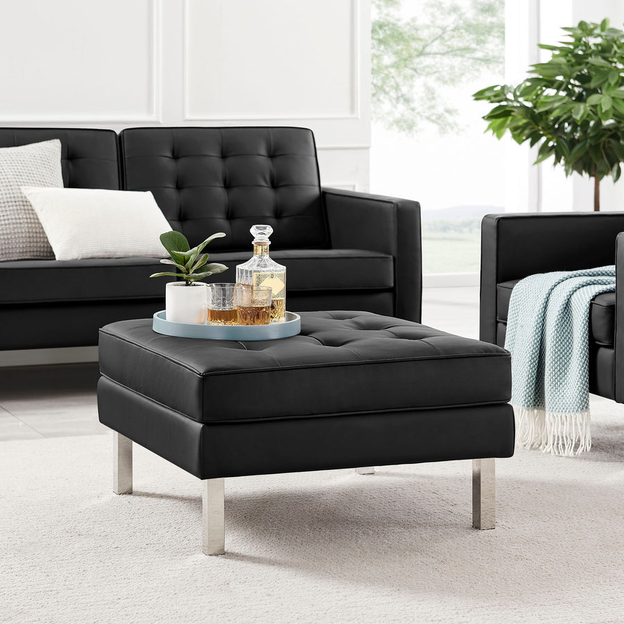 Mesa Tufted Vegan Leather Ottoman in Silver Black