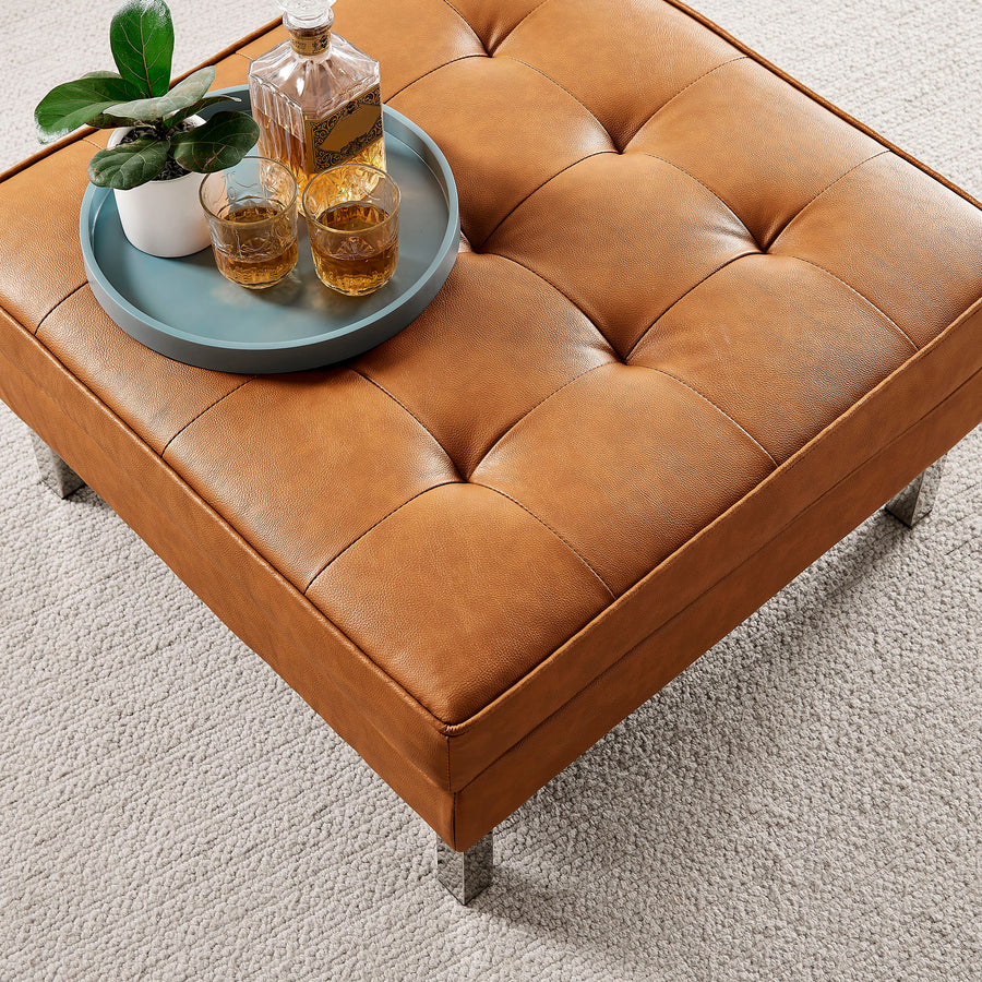 Mesa Tufted Vegan Leather Ottoman in Silver Tan