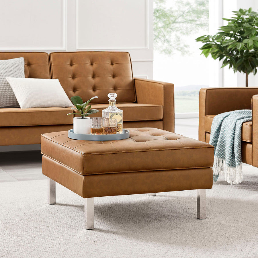 Mesa Tufted Vegan Leather Ottoman in Silver Tan