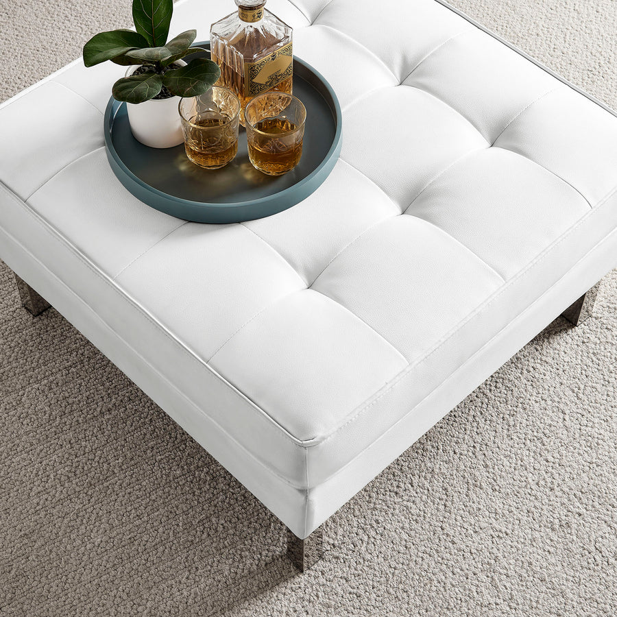Mesa Tufted Vegan Leather Ottoman in Silver White