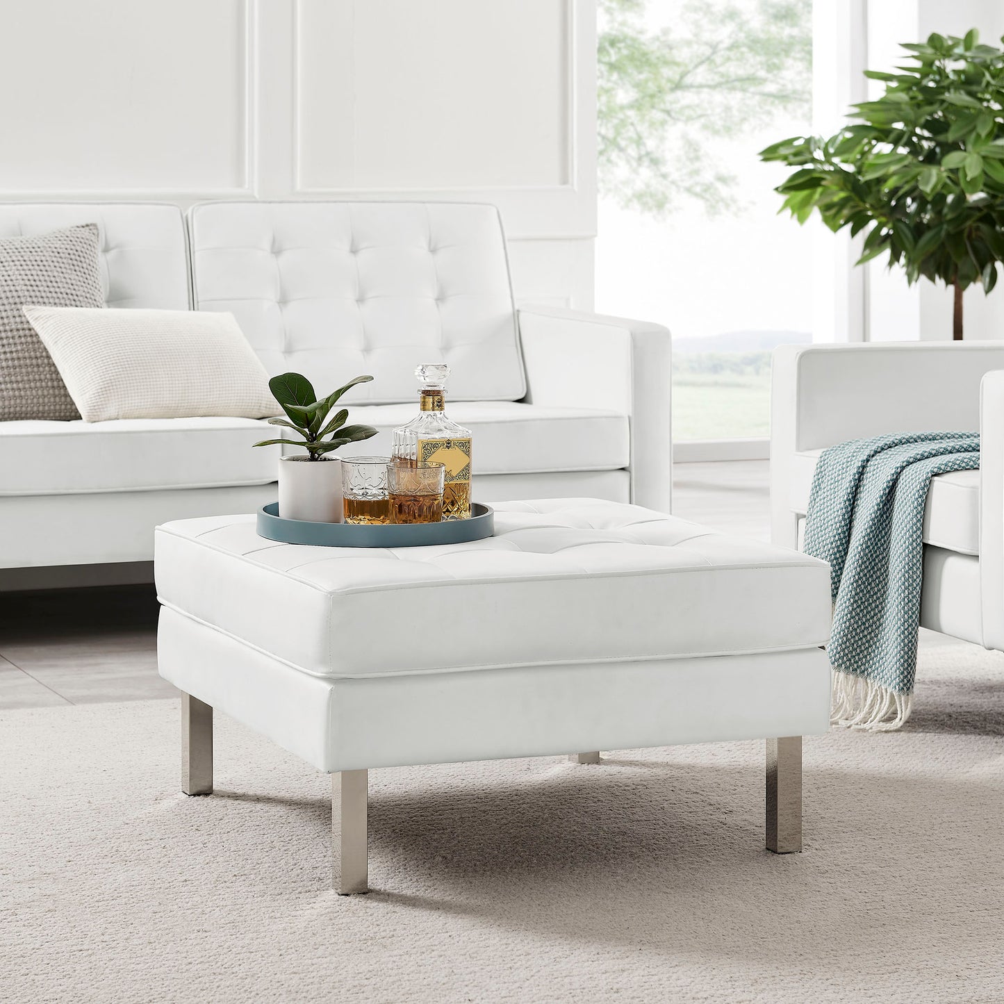 Loft Tufted Vegan Leather Ottoman by Furniture For America
