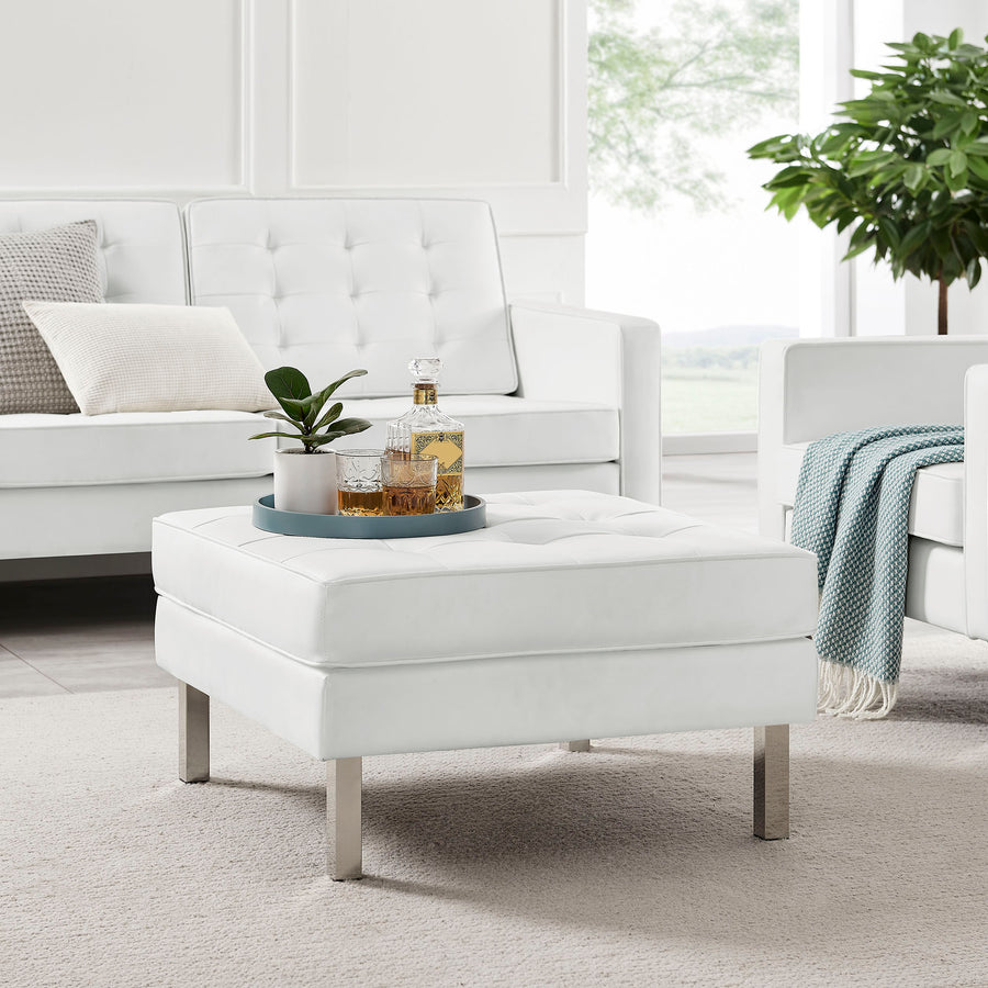Mesa Tufted Vegan Leather Ottoman in Silver White
