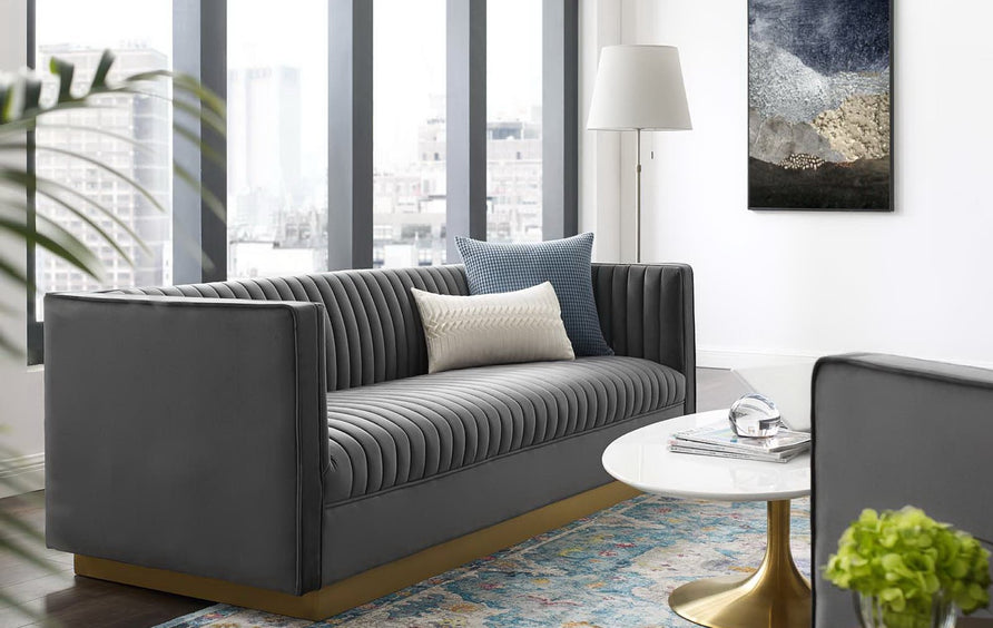 Soren Vertical Channel Tufted Performance Velvet Sofa in Gray