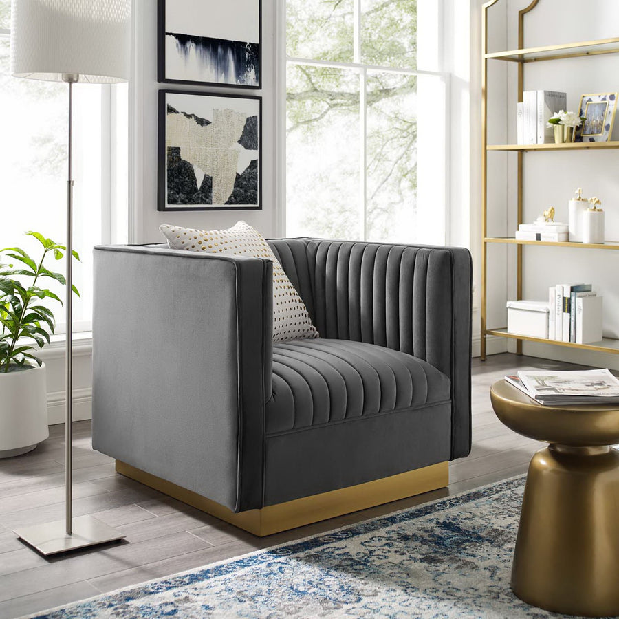 Soren Vertical Channel Tufted Accent Performance Velvet Armchair in Gray