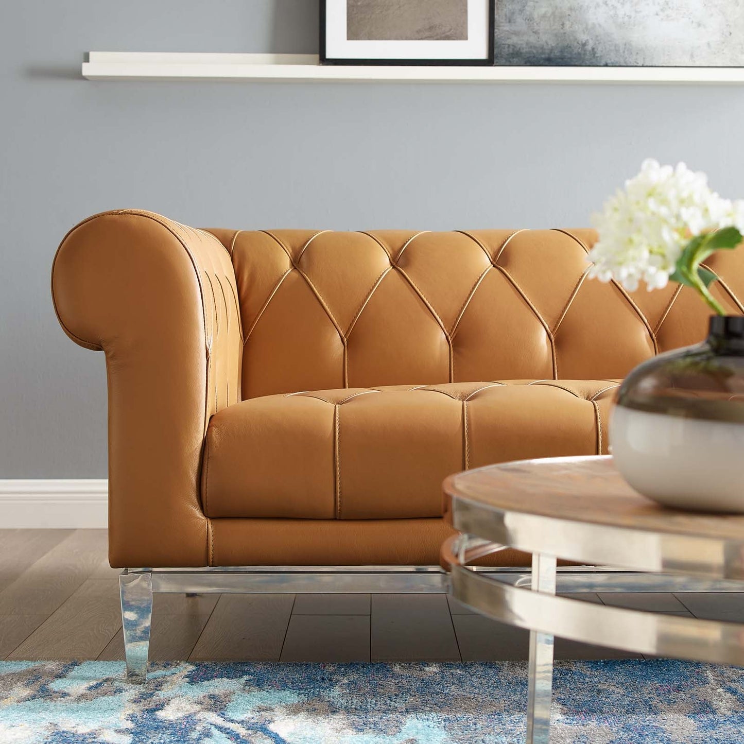 Idyll Tufted Button Upholstered Leather Chesterfield Sofa by Furniture for America
