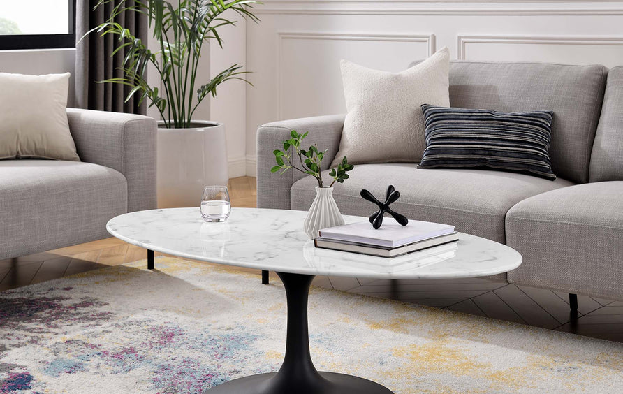 Lumen 48" Oval Faux Marble Coffee Table in Black White