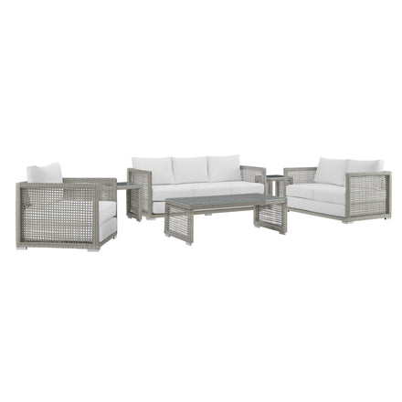 Aura 6 Piece Outdoor Patio Wicker Rattan Set in Gray White