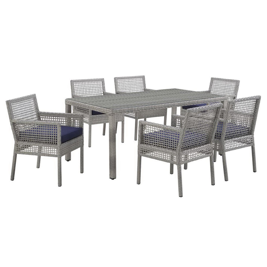 Cinder 7 Piece Outdoor Patio Wicker Rattan Set in Gray Navy