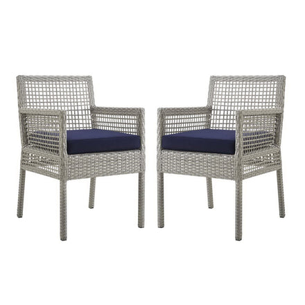 Aura Outdoor Patio Wicker Rattan Dining Armchair Set of 2 in Gray Navy