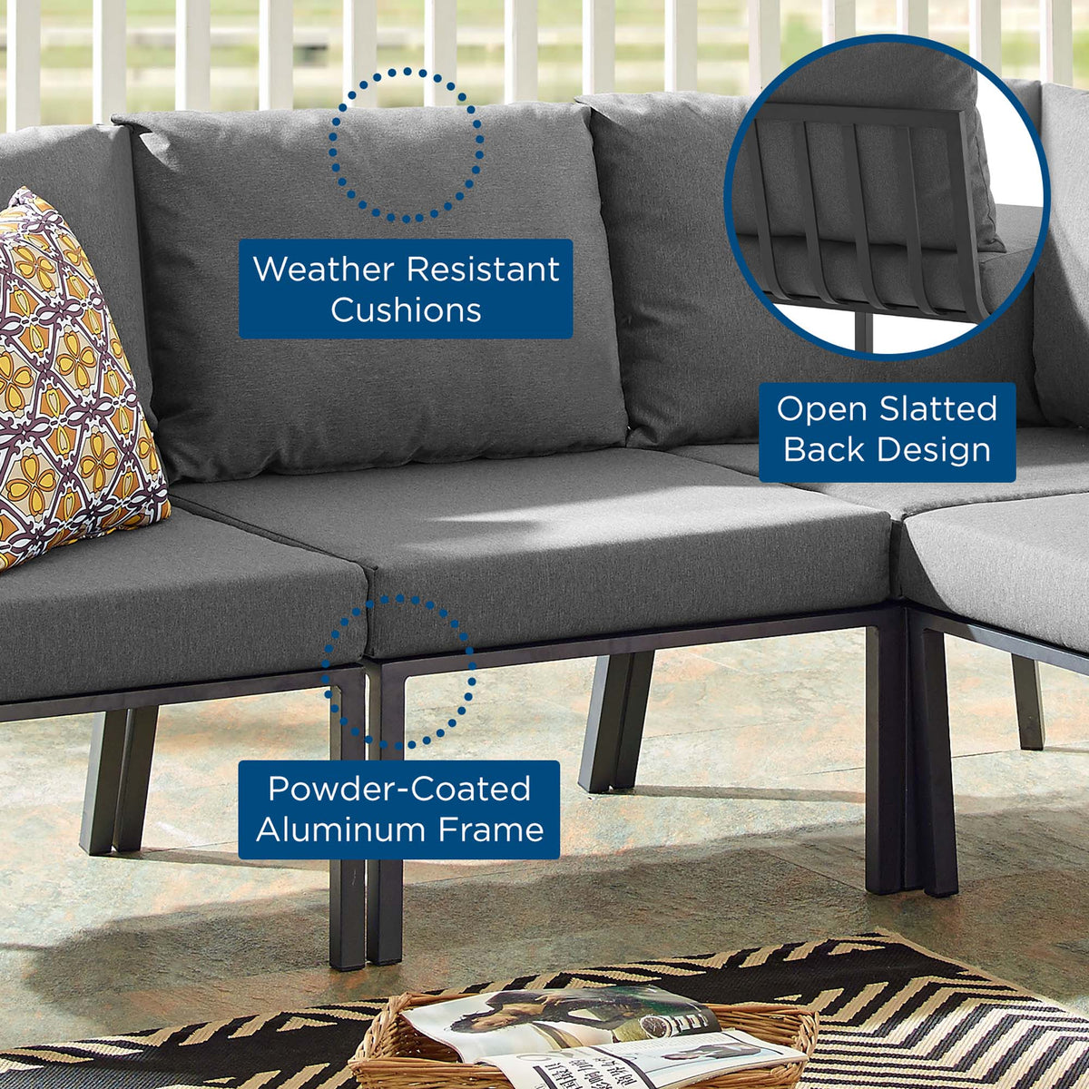 Riverside Outdoor Patio Aluminum Armless Chair in Gray Charcoal