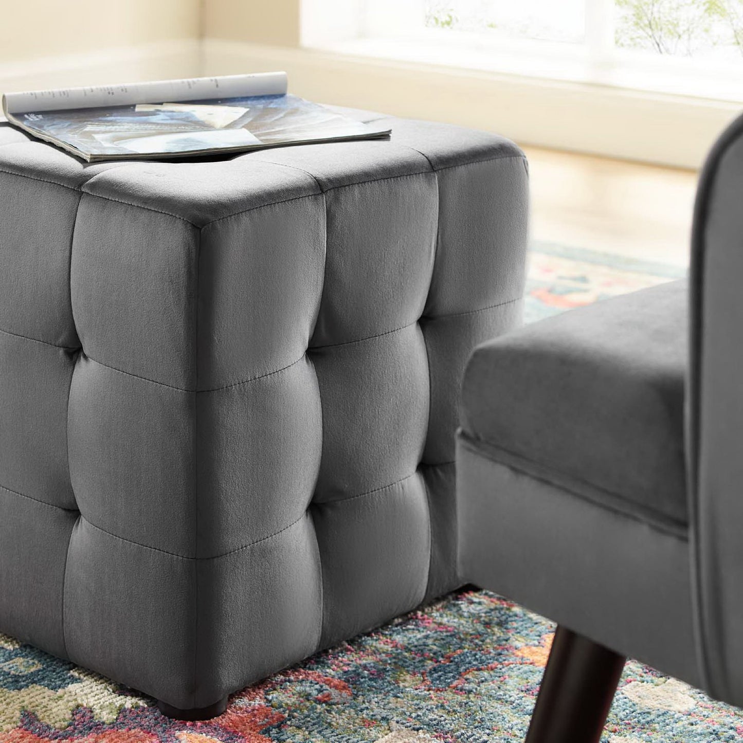 Contour Tufted Cube Performance Velvet Ottoman by Furniture For America