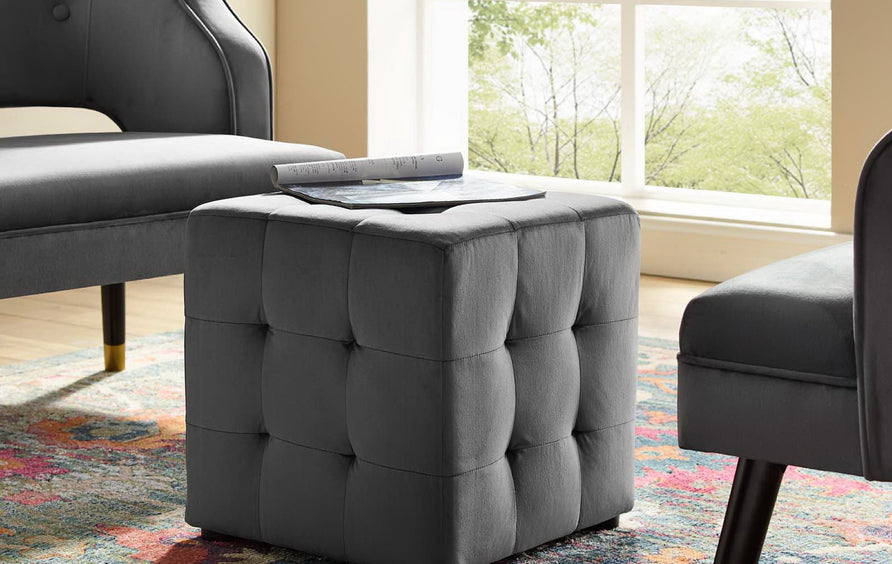 Gorse Tufted Cube Performance Velvet Ottoman in Gray