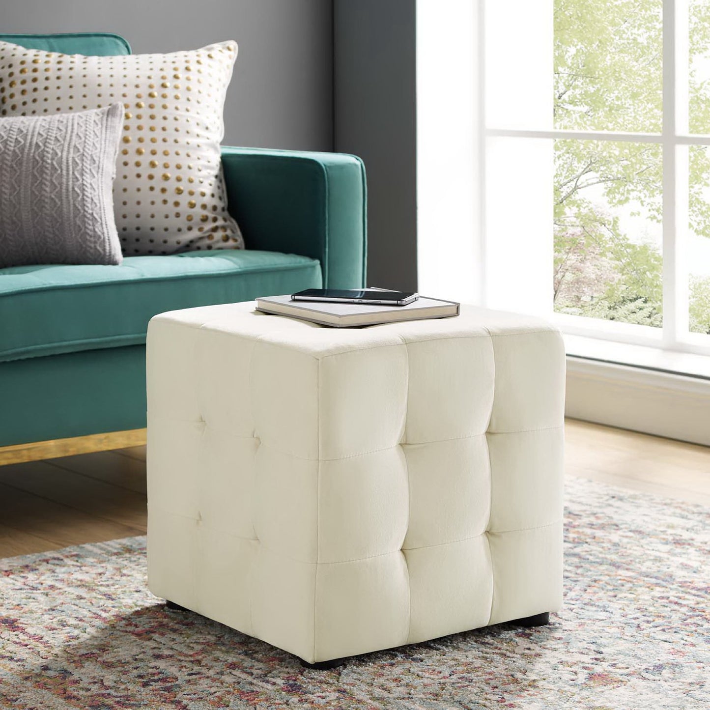 Contour Tufted Cube Performance Velvet Ottoman by Furniture For America