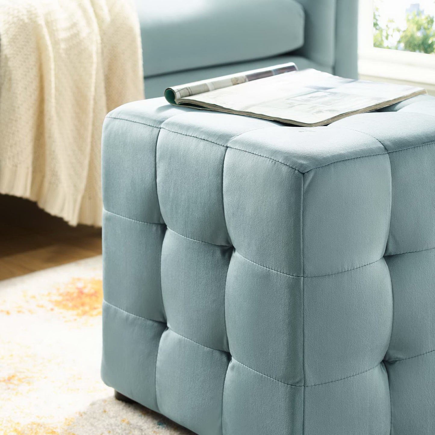 Contour Tufted Cube Performance Velvet Ottoman by Furniture For America