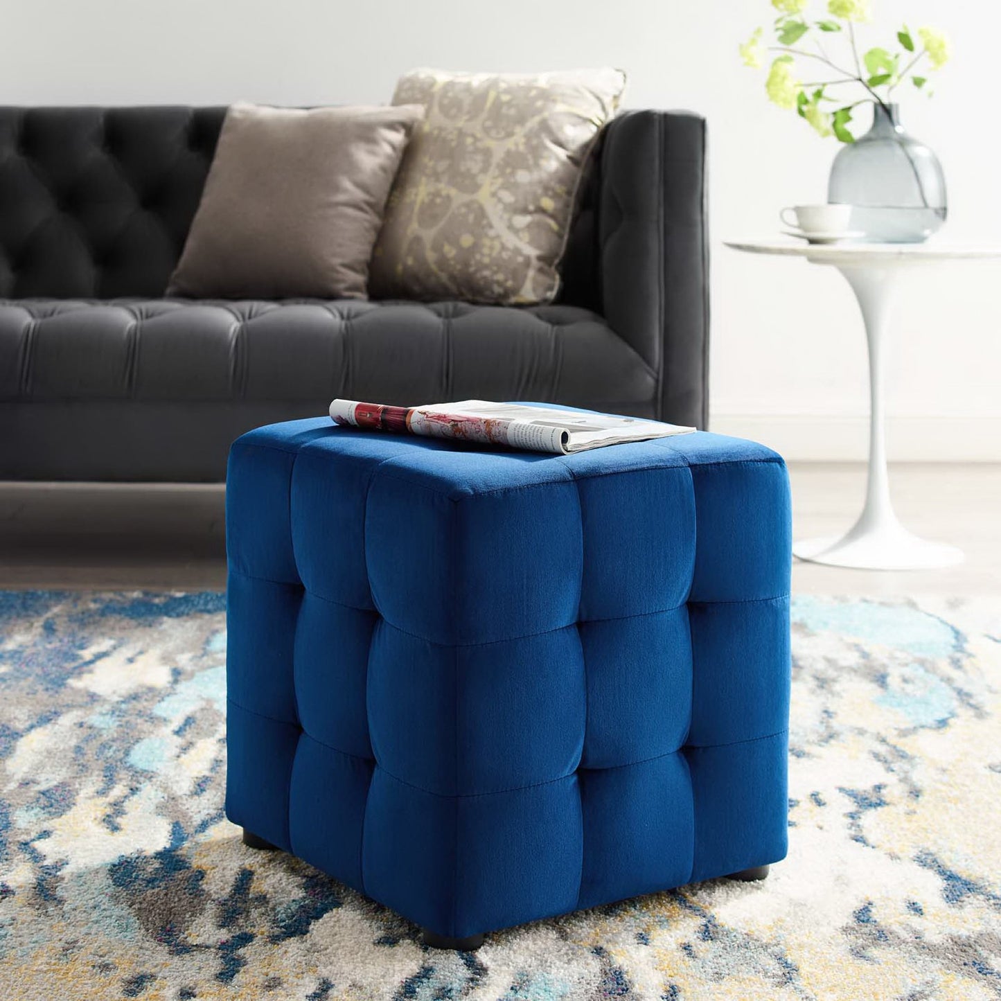 Contour Tufted Cube Performance Velvet Ottoman by Furniture For America