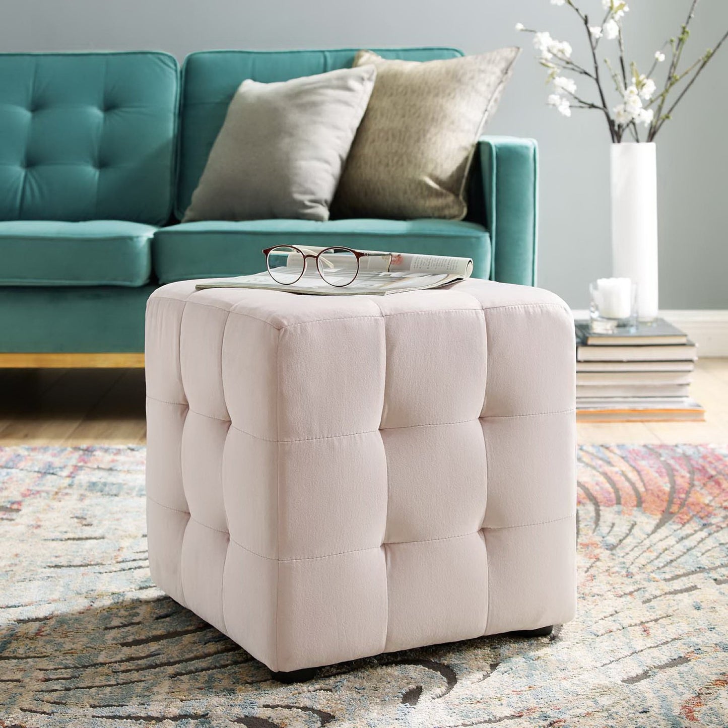 Contour Tufted Cube Performance Velvet Ottoman by Furniture For America