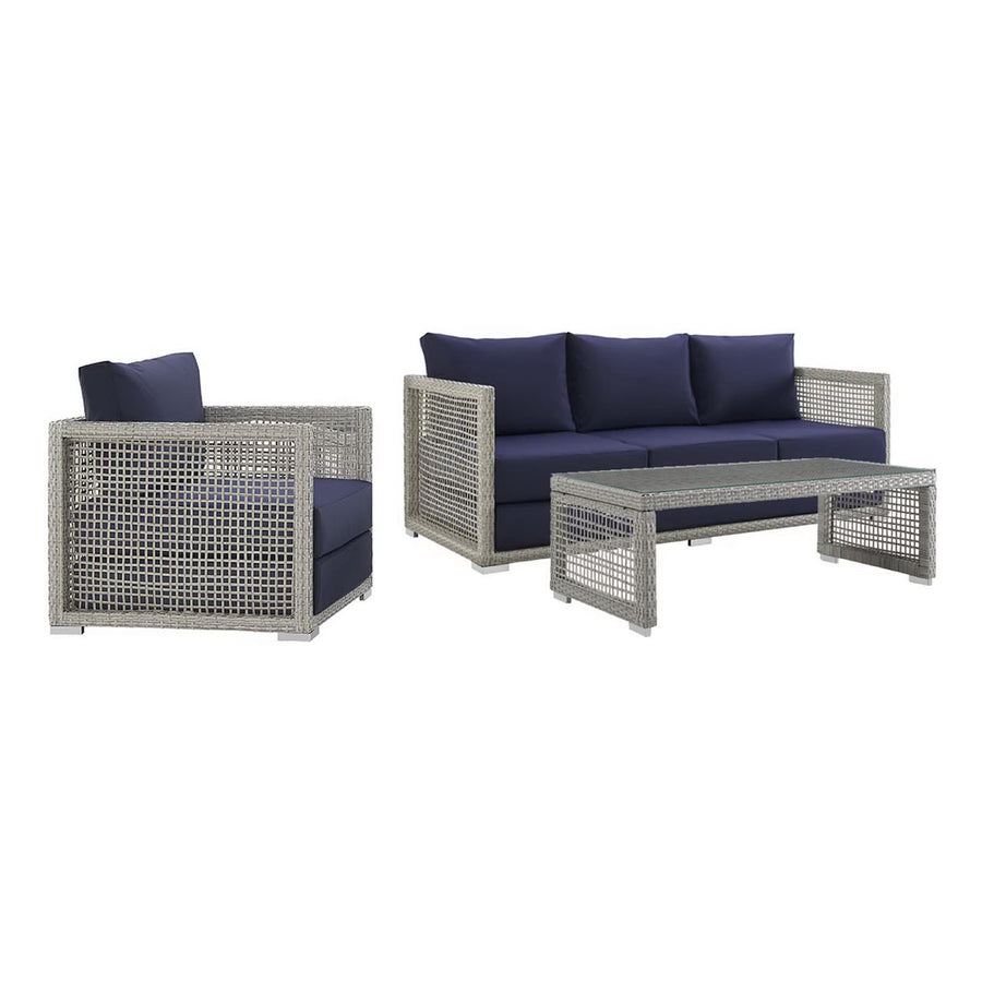 Cinder 3 Piece Outdoor Patio Wicker Rattan Set in Gray Navy