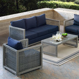 Cinder 3 Piece Outdoor Patio Wicker Rattan Set in Gray Navy