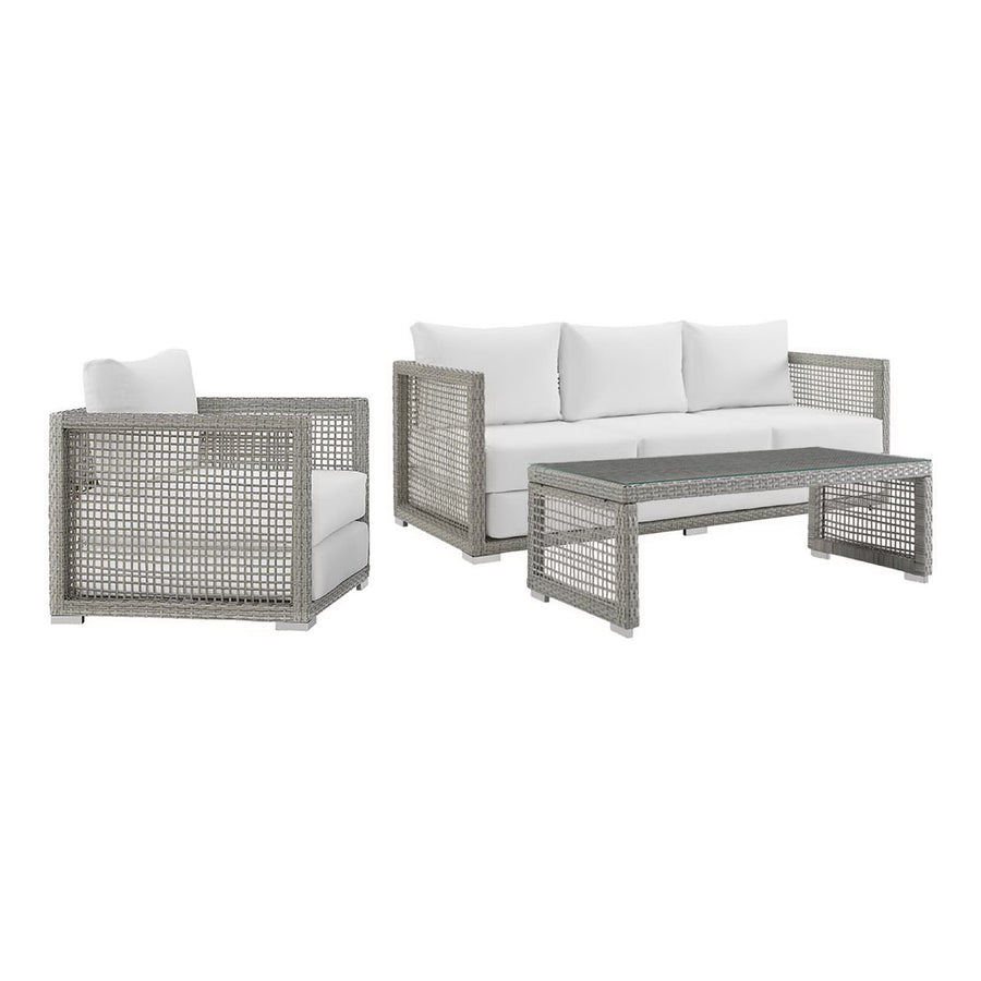 Cinder 3 Piece Outdoor Patio Wicker Rattan Set in Gray White
