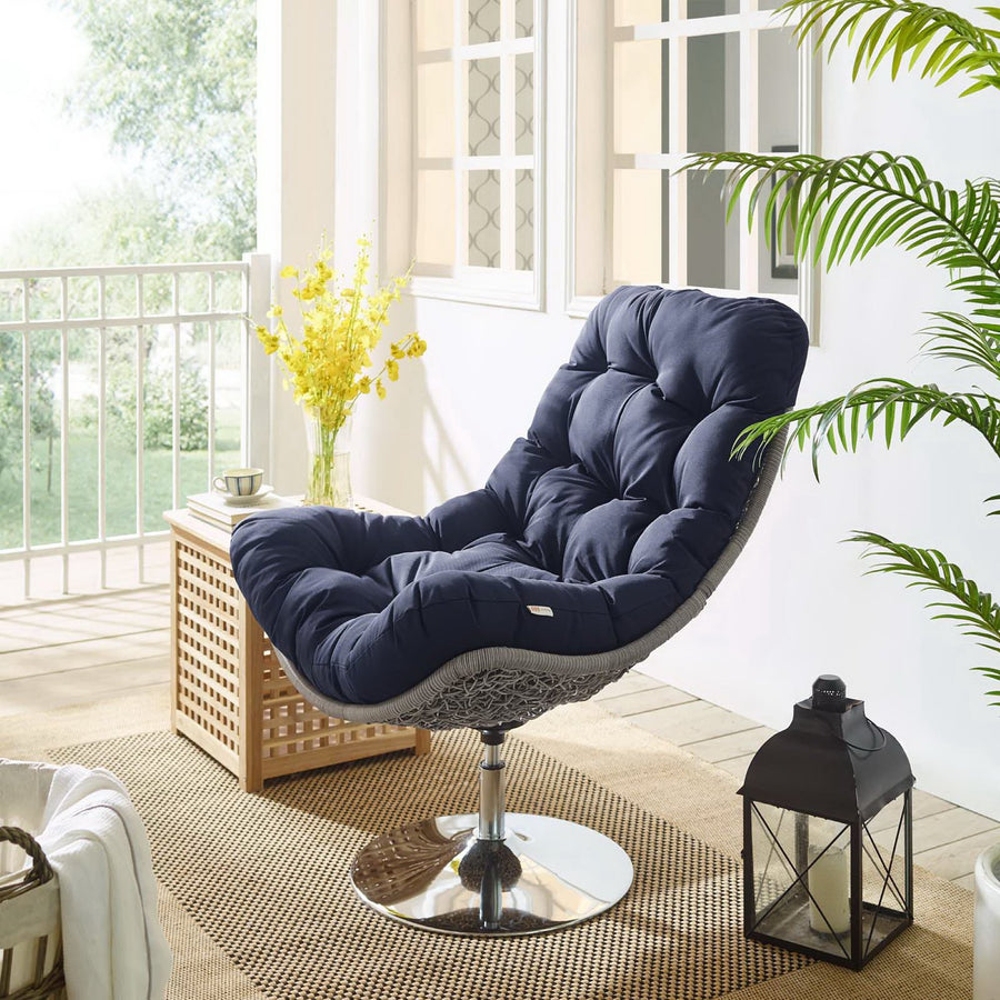 Bronwen Wicker Rattan Outdoor Patio Swivel Lounge Chair in Light Gray Navy