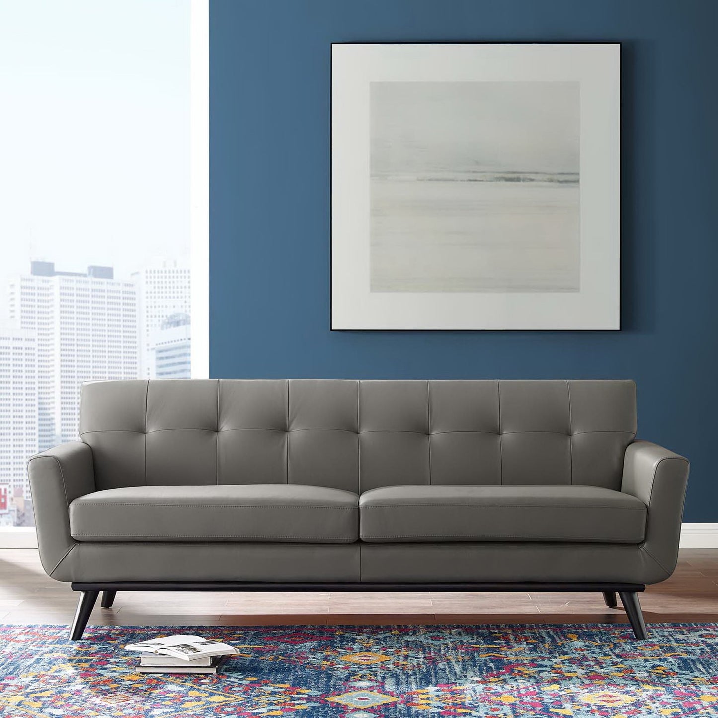 Flint Top-Grain Leather Living Room Lounge Sofa in Gray