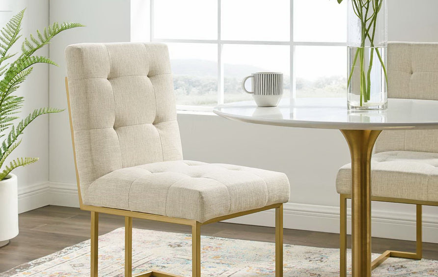 Indigo Gold Stainless Steel Upholstered Fabric Dining Accent Chair in Gold Beige