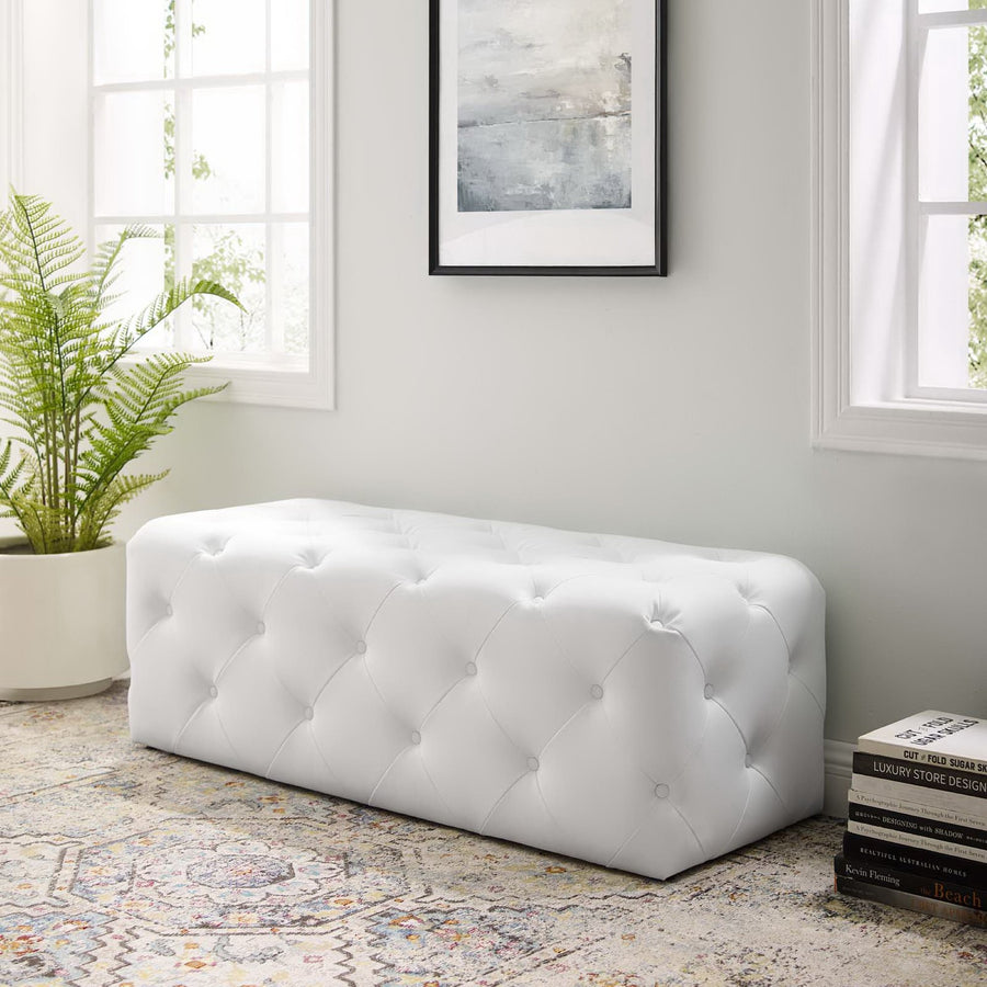 Alder 48" Tufted Button Entryway Faux Leather Bench in White