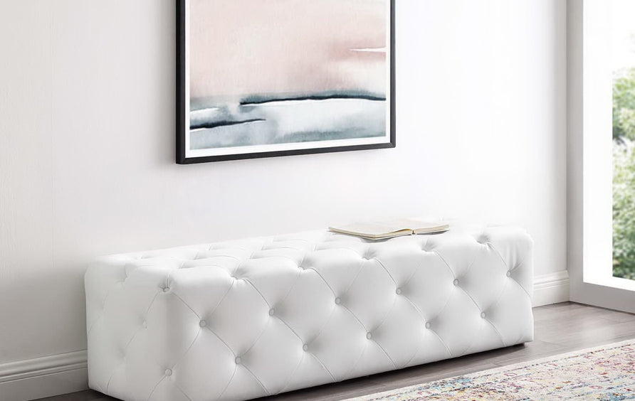 Alder 60" Tufted Button Entryway Faux Leather Bench in White